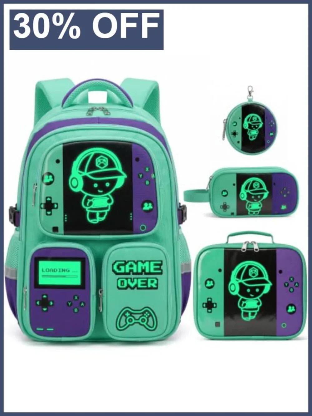 Boys Luminous Gamer Backpack Set with Lunch Box Pencil Case